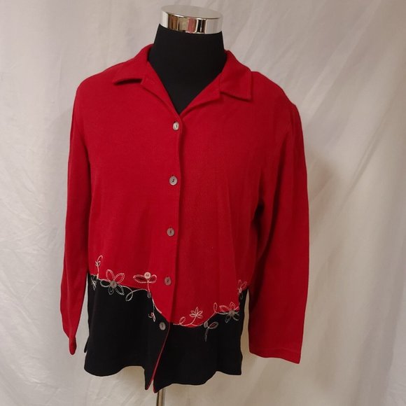 Teddi Womens Large Red Black Floral Long Sleeve Button Up Cardigan Sweater USA - Picture 13 of 13